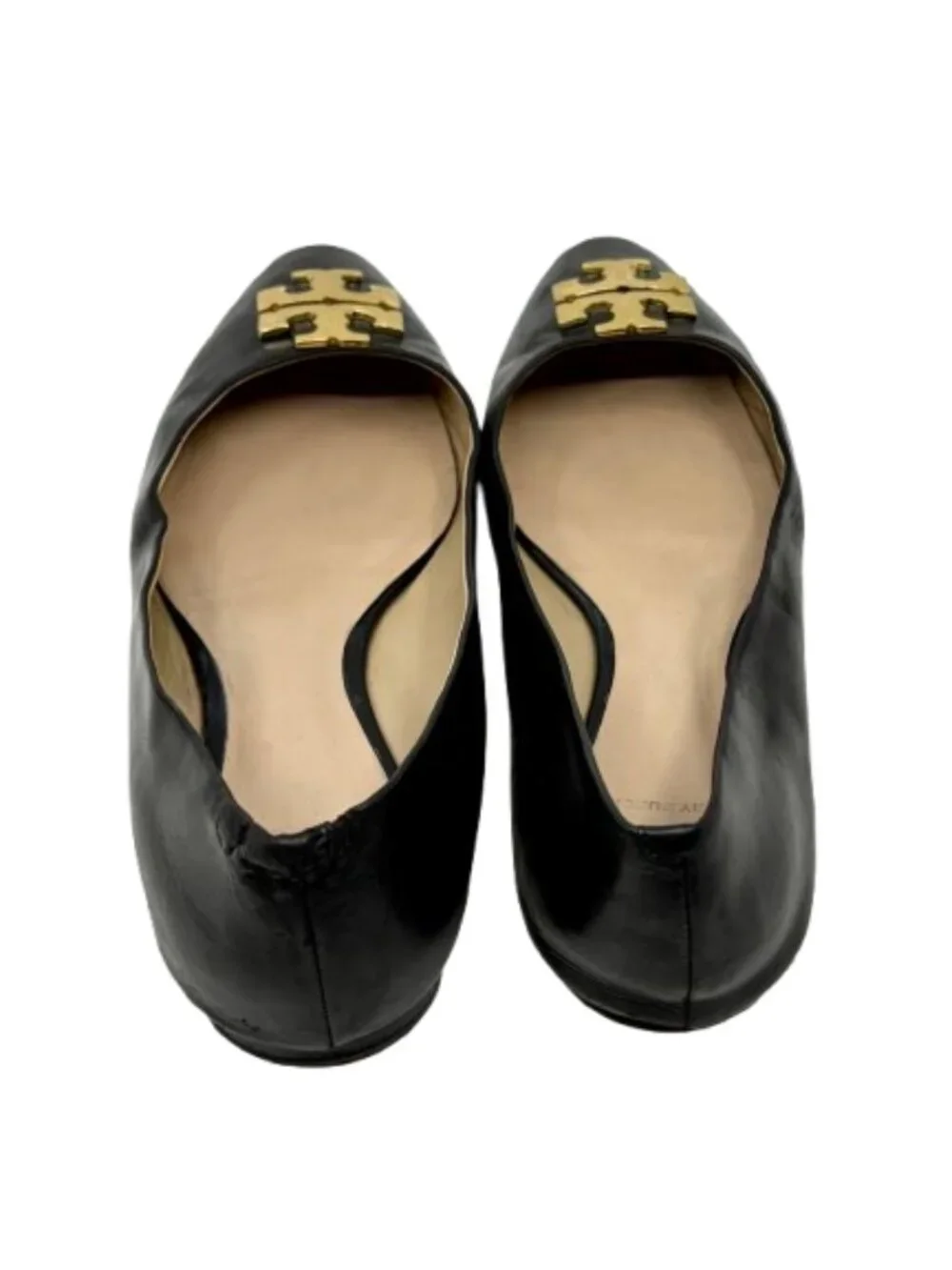 TORY BURCH~Raleigh~BLACK LEATHER BALLET FLATS SHOES GOLD LOGO Size 9M